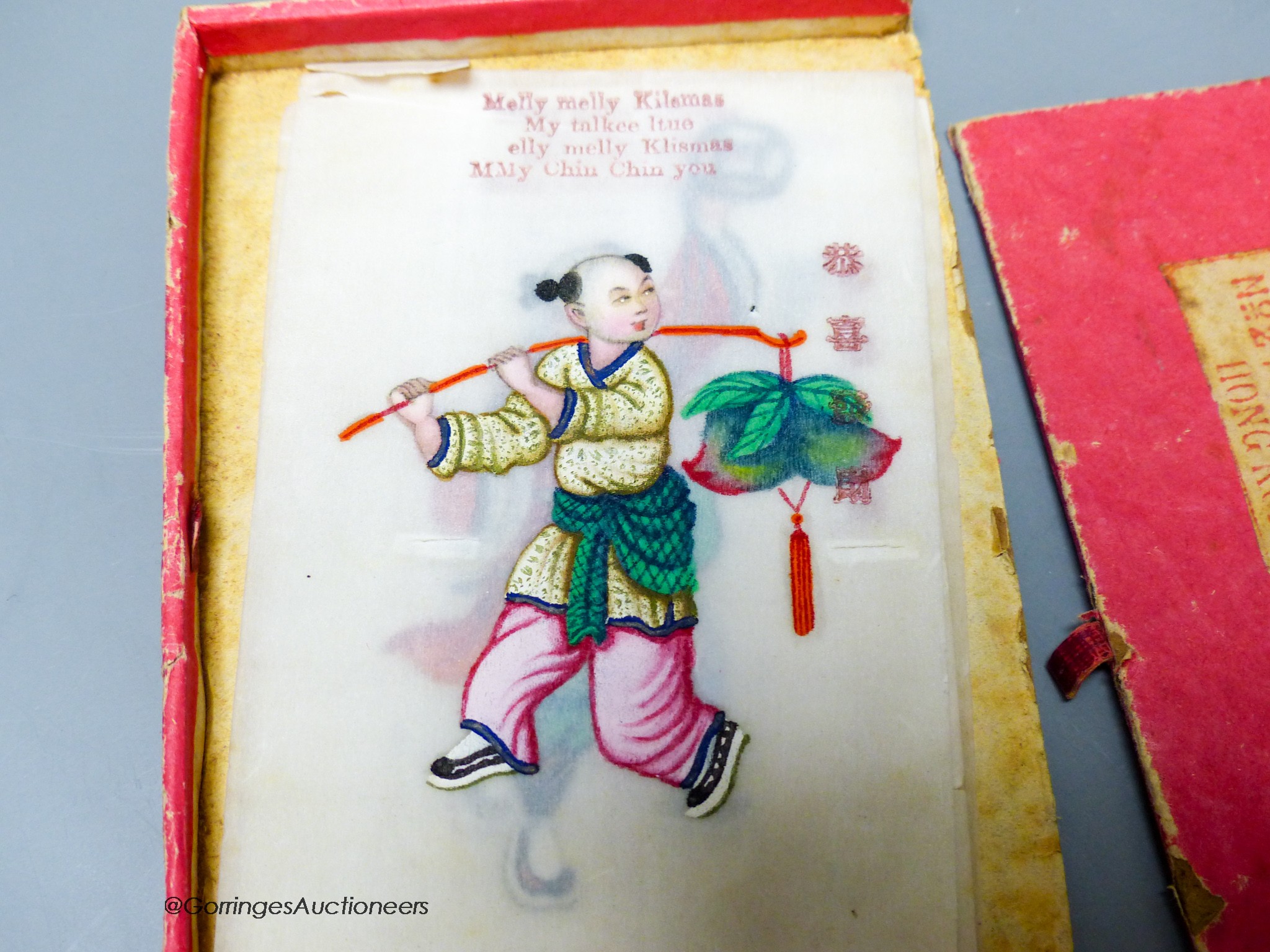 A set of Chinese New Year paintings on rice paper, the box with retailers label for Kwong Manshing Hong Kong, 10.5 x 9 cm